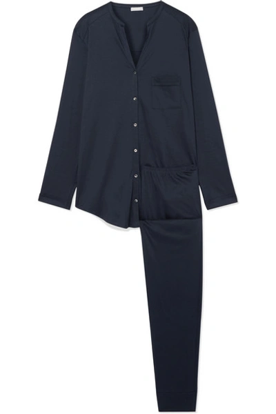 Hanro Pure Essence Mercerized Cotton-jersey Pajama Set In Midnight Blue