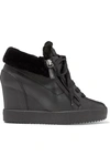 GIUSEPPE ZANOTTI SHEARLING-TRIMMED TEXTURED-LEATHER WEDGE ANKLE BOOTS