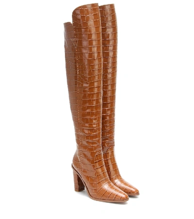 Max Mara 100mm Beboot Croc Embossed Leather Boots In Brown