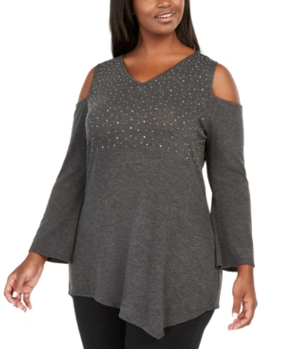 Belldini Plus Size Embellished Cold-shoulder Tunic In Heather Charcoal