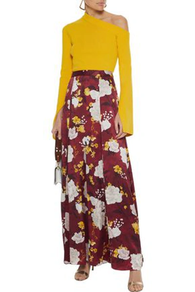 Alice And Olivia Athena Floral-print Chiffon-paneled Hammered-silk Maxi Skirt In Brick