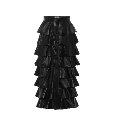 Saint Laurent Tiered Ruffled Leather Maxi Skirt In Black