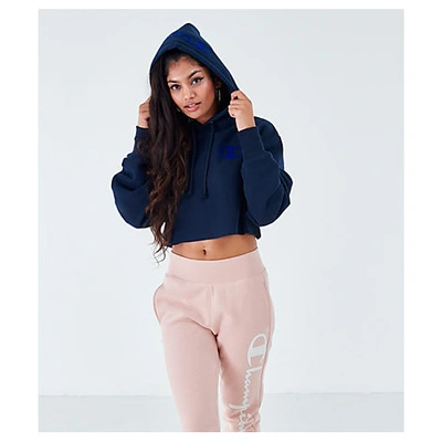 Champion Women's Reverse Weave Arm Script Crop Hoodie In Blue