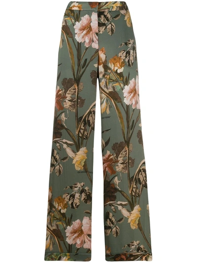 Off-white Floral Print Flared Trousers In Green