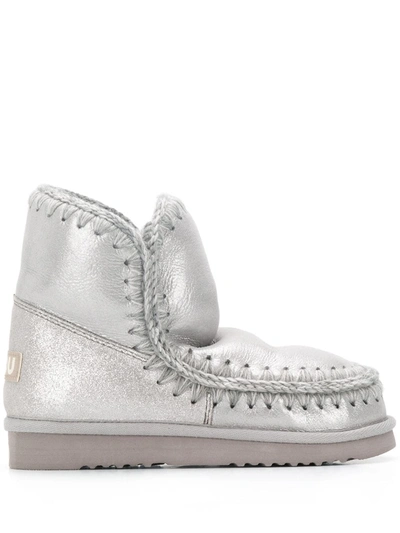Mou Crochet Trim Snow Boots In Silver