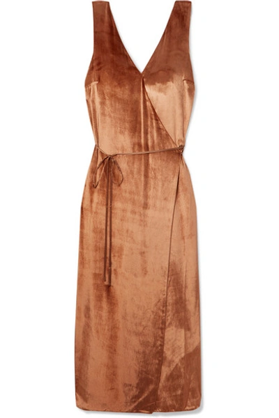 Vince Panne Wrap-effect Velvet Midi Dress In Bronze