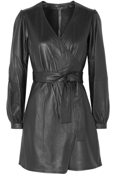 Maje Wrap-around Leather Mini Dress In Black