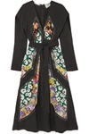 STELLA MCCARTNEY + NET SUSTAIN VEGETARIAN LEATHER-TRIMMED TWILL AND FLORAL-PRINT SILK DRESS