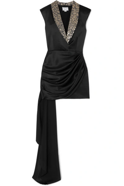 Redemption Draped Embellished Silk-satin Mini Dress In Black