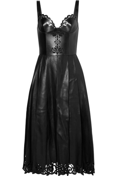 Alexander Mcqueen Pleated Laser-cut Leather Midi Dress In Black | ModeSens