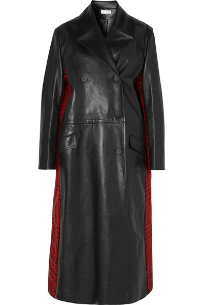 Alexander Mcqueen Double-breasted Leather And Houndstooth Wool Coat In Black