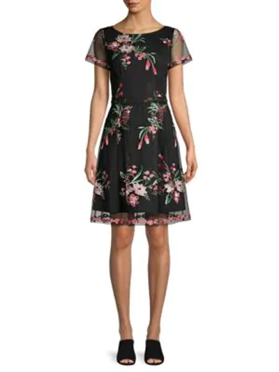 Adrianna Papell Floral Bouquets Embroidered Flare Dress In Black Multi