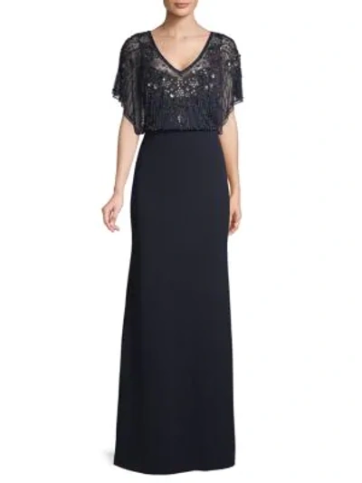 Aidan Mattox Beaded Flutter-sleeve Gown In Twilight