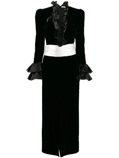 Alessandra Rich Ruffle-trim Silk-blend Velvet Midi Dress In 900 Black