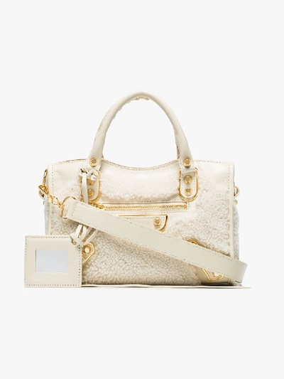 Balenciaga Cream Mini City Shearling Tote Bag In Neutrals