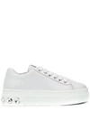 Miu Miu Crystal-embellished Patent-leather Platform Sneakers In Bianco