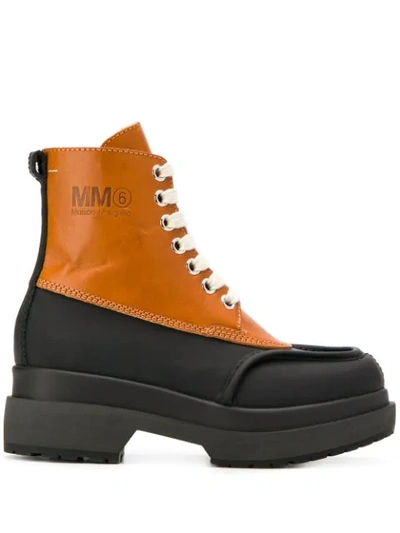 Mm6 Maison Margiela Hiking Boots In Black And Brown Leather In Bran/black