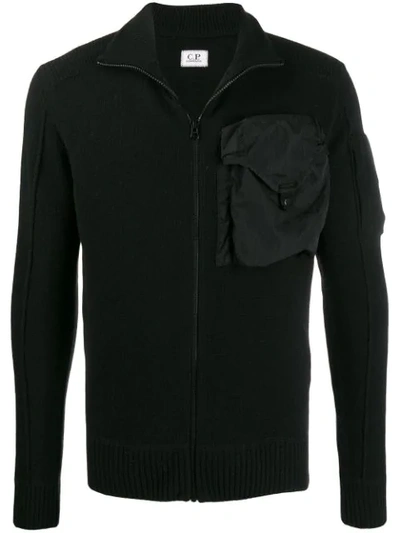 C.p. Company Chest Pocket Slim-fit Cardigan In Black