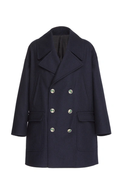 Givenchy Double Breasted Wool Coat W/lion Buttons In Navy
