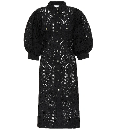 Ganni Balloon-sleeve Broderie-anglaise Cotton Shirtdress In Black