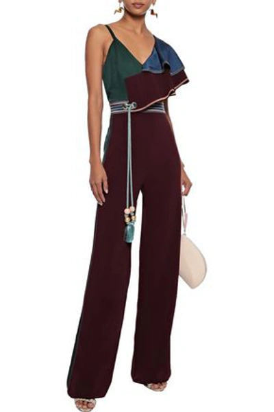 Peter Pilotto Woman Color-block Satin-paneled Tasseled Crepe Jumpsuit Burgundy