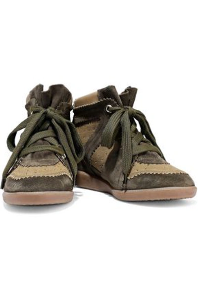Isabel Marant Bobby Perforated Canvas And Suede Wedge Sneakers In Army Green