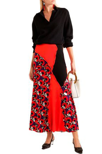 Marni Paneled Printed Jersey Maxi Skirt In Tomato Red