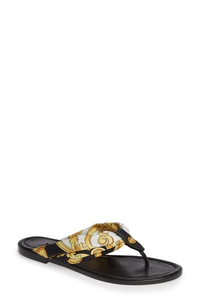 Versace Printed Silk-twill And Leather Sandals In Black