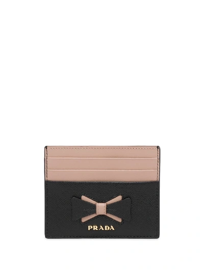Prada Saffiano Leather Card Holder With Bow In 黑色