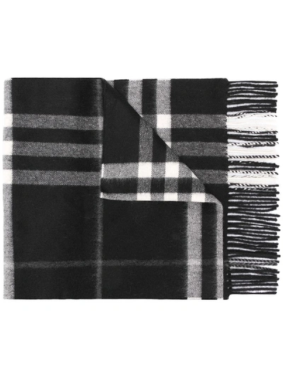 Burberry Fringed Checked Scarf In Black