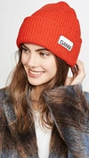 Ganni Stitched-logo Ribbed Wool-blend Beanie In Fiery Red