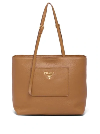 Prada Logo Plaque Tote Bag In Brown