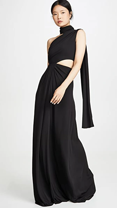 Saloni Honey One-shoulder Cutout Crepe Gown In Black