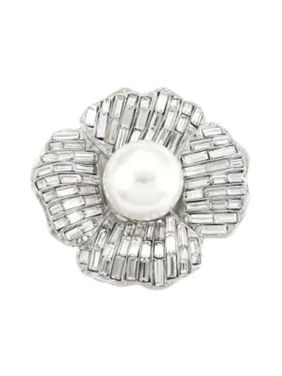 Kenneth Jay Lane Glass Pearl Flower Pin In Silvertone