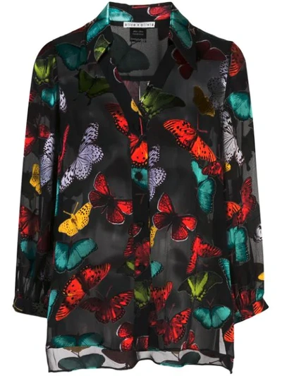 Alice And Olivia Sheila Butterfly Blouson-sleeve Button-front Top In Md Butterflies