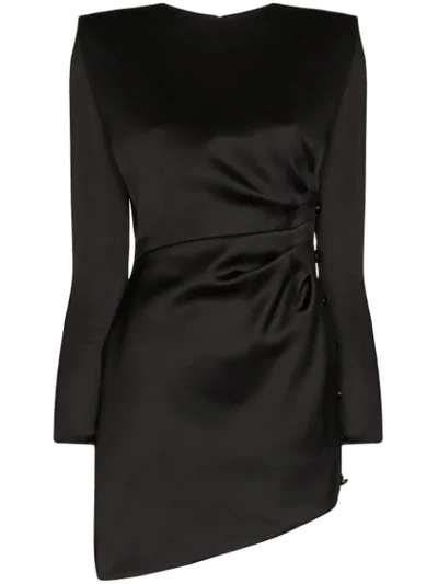 Saint Laurent Asymmetrical Long Sleeve Silk Satin Minidress In Black