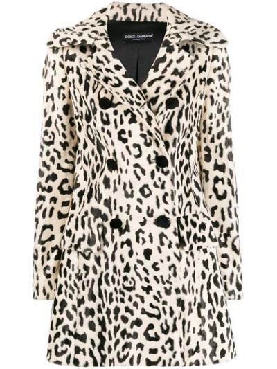 Dolce & Gabbana Leopard-print Double-breasted Goat Hair Coat In White,black