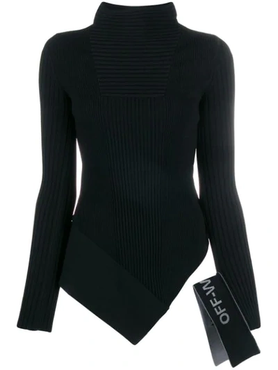 Off-white Asymmetric Paneled Ribbed-knit Turtleneck Top In Black