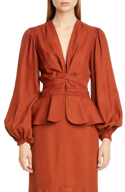 Johanna Ortiz Drill Peplum Wrap Top In Redwood