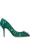 Dolce & Gabbana Lace Stiletto Heel Pumps Crystal Embellishments In Green