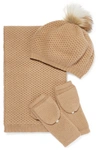 PORTOLANO FAUX FUR-TRIMMED WAFFLE-KNIT CASHMERE HAT, SCARF AND GLOVES SET