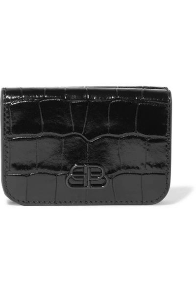 Balenciaga Bb Mini Glossed Croc-effect Leather Wallet In Black