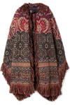 ETRO LEATHER-TRIMMED FRINGED WOOL-BLEND JACQUARD CAPE