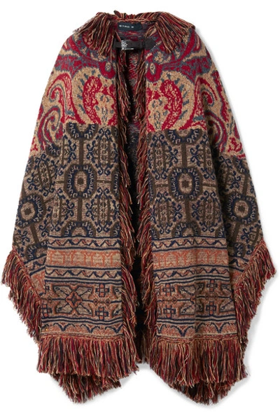 Etro Leather-trimmed Fringed Wool-blend Jacquard Cape In Red