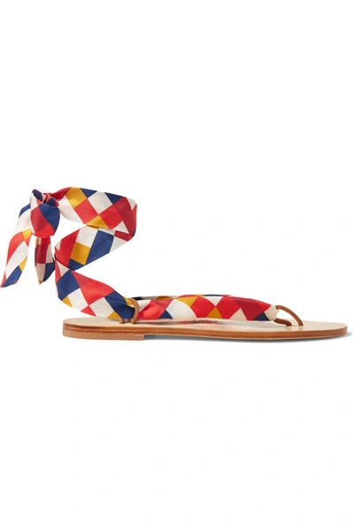 Eres Mosaic Nupie Suede-trimmed Printed Silk-twill Sandals In Red