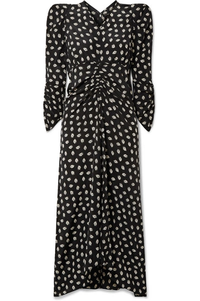 Isabel Marant Albi Ruched Floral-print Silk-crepe Midi Dress In Black