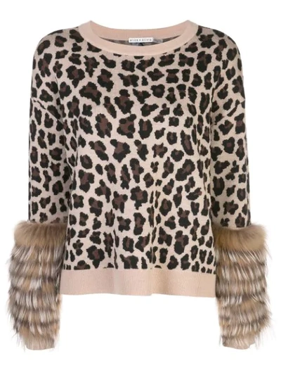 Alice And Olivia Sheila Leopard Silver Fox Fur-cuff Stretch-wool Sweater In Leopard Natural