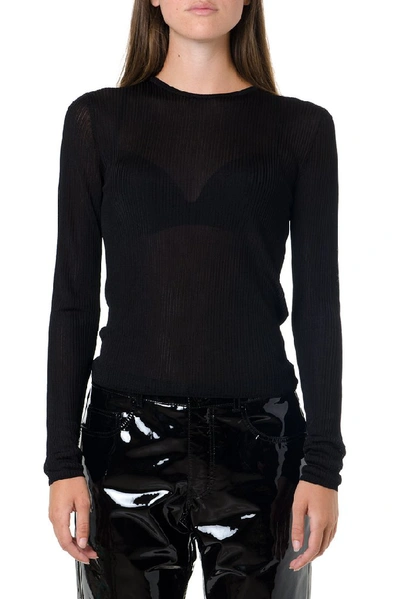 Saint Laurent Ribbed Knit Sheer Top In Black