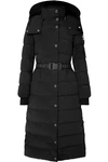 BURBERRY BELTED FAUX SHEARLING-TRIMMED HOODED QUILTED SHELL DOWN COAT