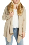 SINGLE THREAD OPEN FRONT CARDIGAN WITH FAUX FUR COLLAR,WG157850ST
